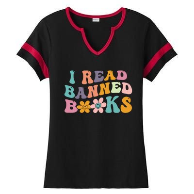 I Read Banned Books Retro Wavy Ladies Halftime Notch Neck Tee