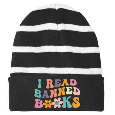 I Read Banned Books Retro Wavy Striped Beanie with Solid Band