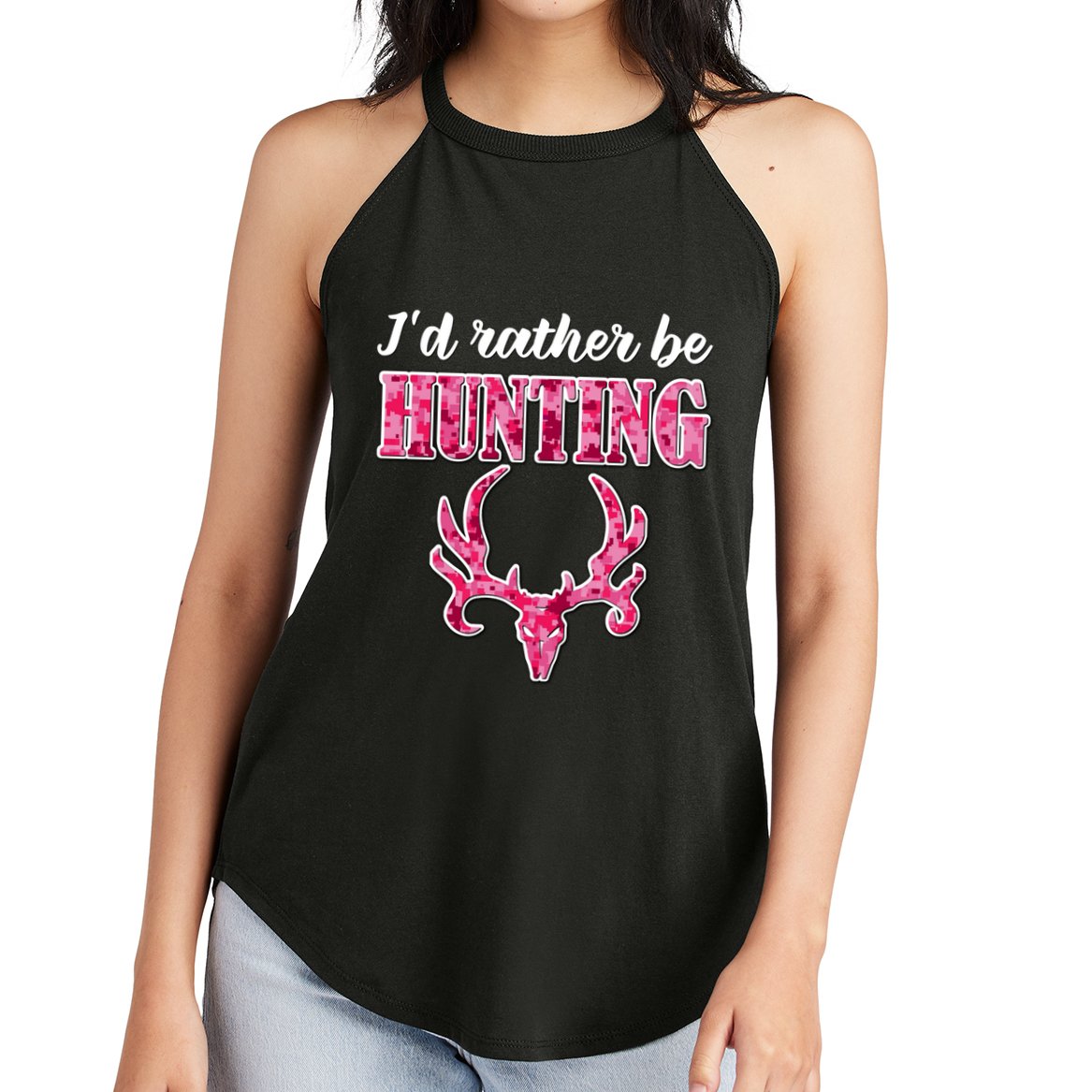 I'd Rather Be Hunting Deer Skull Pink Camo Pattern Print Mom Great Gift Women's Perfect Tri Rocker Tank