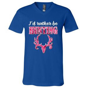 I'd Rather Be Hunting Deer Skull Pink Camo Pattern Print Mom Great Gift V-Neck T-Shirt