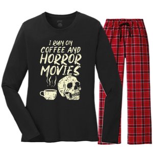 I Run Coffee Horror Movies Skull Skeleton Fun Halloween Women's Long Sleeve Flannel Pajama Set 