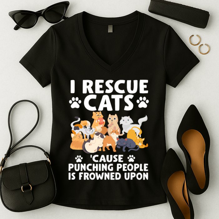 I Rescue Cats Because Punching People Is Frowned Upon Women's V-Neck T-Shirt