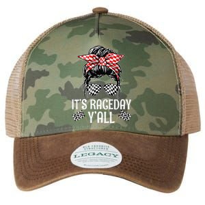 Its Race Day Yall Checkered Flag Racing Messy Bun Legacy Tie Dye Trucker Hat