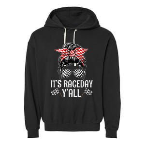 Its Race Day Yall Checkered Flag Racing Messy Bun Garment-Dyed Fleece Hoodie