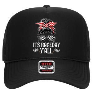 Its Race Day Yall Checkered Flag Racing Messy Bun High Crown Mesh Back Trucker Hat