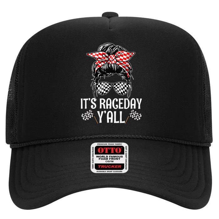 Its Race Day Yall Checkered Flag Racing Messy Bun High Crown Mesh Back Trucker Hat