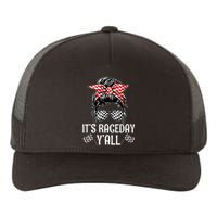 Its Race Day Yall Checkered Flag Racing Messy Bun Yupoong Adult 5-Panel Trucker Hat