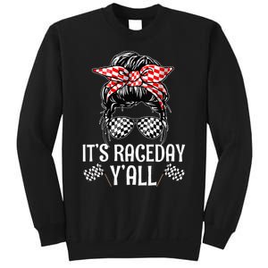 Its Race Day Yall Checkered Flag Racing Messy Bun Sweatshirt