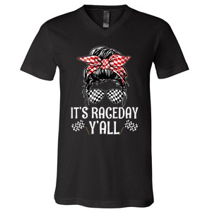 Its Race Day Yall Checkered Flag Racing Messy Bun V-Neck T-Shirt