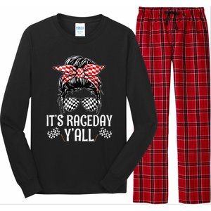 Its Race Day Yall Checkered Flag Racing Messy Bun Long Sleeve Pajama Set