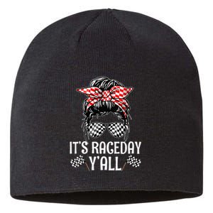 Its Race Day Yall Checkered Flag Racing Messy Bun Sustainable Beanie