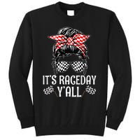 Its Race Day Yall Checkered Flag Racing Messy Bun Tall Sweatshirt