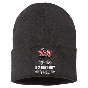 Its Race Day Yall Checkered Flag Racing Messy Bun Sustainable Knit Beanie