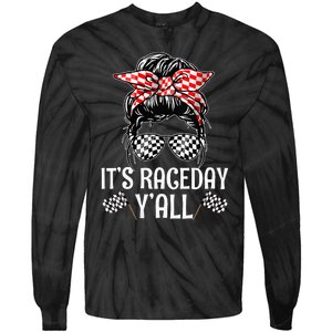 Its Race Day Yall Checkered Flag Racing Messy Bun Tie-Dye Long Sleeve Shirt