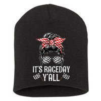 Its Race Day Yall Checkered Flag Racing Messy Bun Short Acrylic Beanie