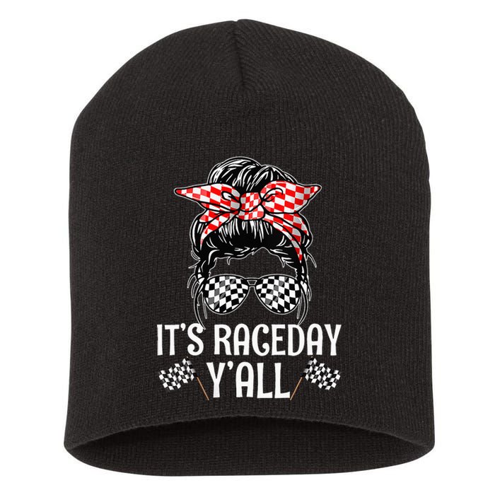 Its Race Day Yall Checkered Flag Racing Messy Bun Short Acrylic Beanie