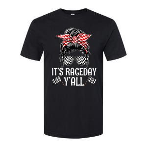 Its Race Day Yall Checkered Flag Racing Messy Bun Softstyle CVC T-Shirt