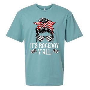 Its Race Day Yall Checkered Flag Racing Messy Bun Sueded Cloud Jersey T-Shirt