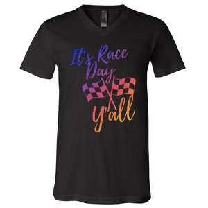 Its Race Day Yall Checkered Flag American Flag Race V-Neck T-Shirt