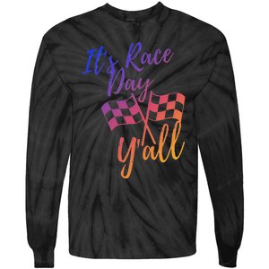 Its Race Day Yall Checkered Flag American Flag Race Tie-Dye Long Sleeve Shirt