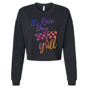 Its Race Day Yall Checkered Flag American Flag Race Cropped Pullover Crew