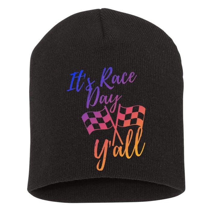 Its Race Day Yall Checkered Flag American Flag Race Short Acrylic Beanie