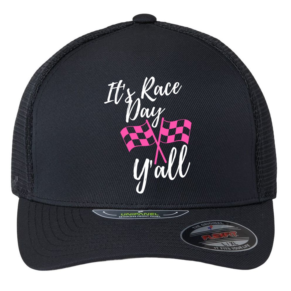 It's Race Day Y’all Checkered Flag Pit Crew Racing Track Gift Flexfit Unipanel Trucker Cap