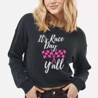 It's Race Day Y’all Checkered Flag Pit Crew Racing Track Gift Cropped Pullover Crew