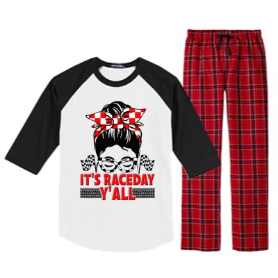 It's Race Day Y'all Checkered Flag Racing Messy Bun Raglan Sleeve Pajama Set