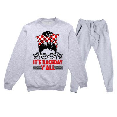 It's Race Day Y'all Checkered Flag Racing Messy Bun Premium Crewneck Sweatsuit Set