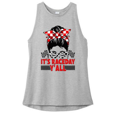 It's Race Day Y'all Checkered Flag Racing Messy Bun Ladies PosiCharge Tri-Blend Wicking Tank