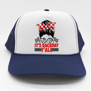 It's Race Day Y'all Checkered Flag Racing Messy Bun Trucker Hat