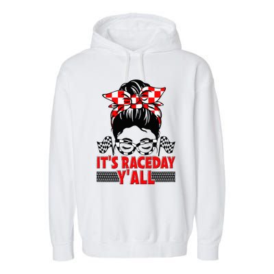 It's Race Day Y'all Checkered Flag Racing Messy Bun Garment-Dyed Fleece Hoodie