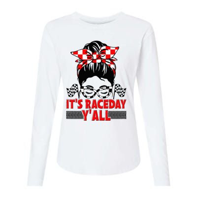 It's Race Day Y'all Checkered Flag Racing Messy Bun Womens Cotton Relaxed Long Sleeve T-Shirt