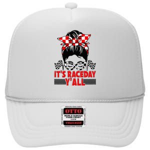 It's Race Day Y'all Checkered Flag Racing Messy Bun High Crown Mesh Back Trucker Hat