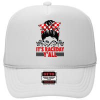 It's Race Day Y'all Checkered Flag Racing Messy Bun High Crown Mesh Back Trucker Hat