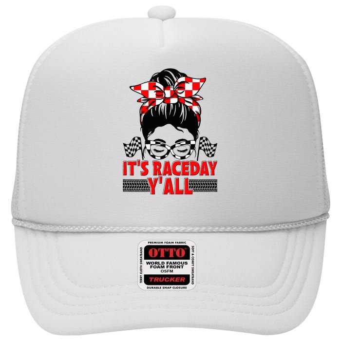 It's Race Day Y'all Checkered Flag Racing Messy Bun High Crown Mesh Back Trucker Hat