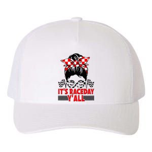 It's Race Day Y'all Checkered Flag Racing Messy Bun Yupoong Adult 5-Panel Trucker Hat