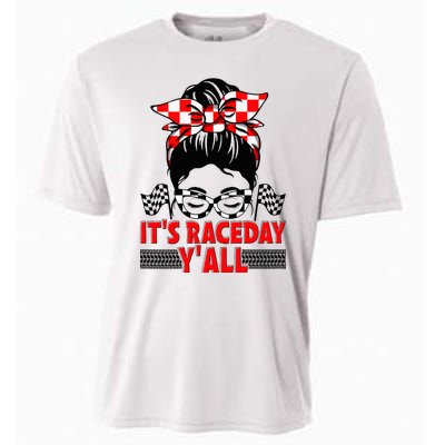 It's Race Day Y'all Checkered Flag Racing Messy Bun Cooling Performance Crew T-Shirt