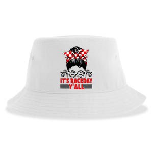 It's Race Day Y'all Checkered Flag Racing Messy Bun Sustainable Bucket Hat