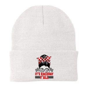 It's Race Day Y'all Checkered Flag Racing Messy Bun Knit Cap Winter Beanie