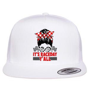 It's Race Day Y'all Checkered Flag Racing Messy Bun Flat Bill Trucker Hat