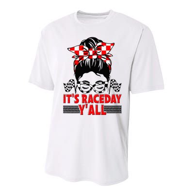 It's Race Day Y'all Checkered Flag Racing Messy Bun Performance Sprint T-Shirt