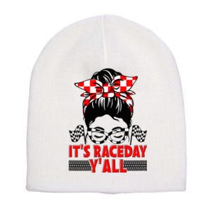 It's Race Day Y'all Checkered Flag Racing Messy Bun Short Acrylic Beanie