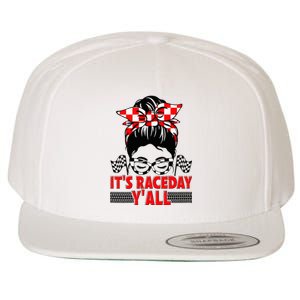 It's Race Day Y'all Checkered Flag Racing Messy Bun Wool Snapback Cap