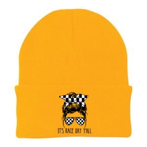 It's Race Day Y'all Checkered Flag Messy Bun Racing Lovers Great Gift Knit Cap Winter Beanie