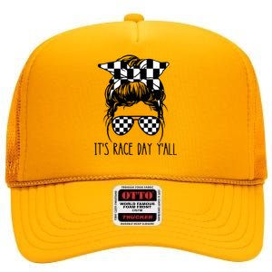 It's Race Day Y'all Checkered Flag Messy Bun Racing Lovers Great Gift High Crown Mesh Back Trucker Hat