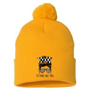 It's Race Day Y'all Checkered Flag Messy Bun Racing Lovers Great Gift Pom Pom 12in Knit Beanie