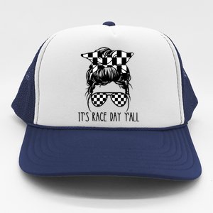 It's Race Day Y'all Checkered Flag Messy Bun Racing Lovers Great Gift Trucker Hat