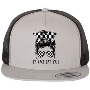 It's Race Day Y'all Checkered Flag Messy Bun Racing Lovers Great Gift Flat Bill Trucker Hat